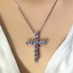 925 Silver Baguette Round Diamond Cross Necklace